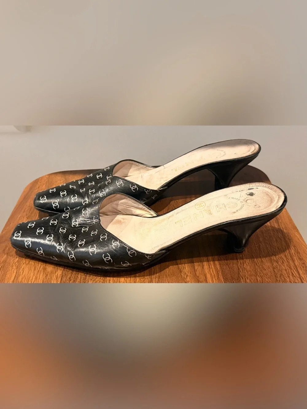 VINTAGE CHANEL Black Logo-Print Leather Mule Heels